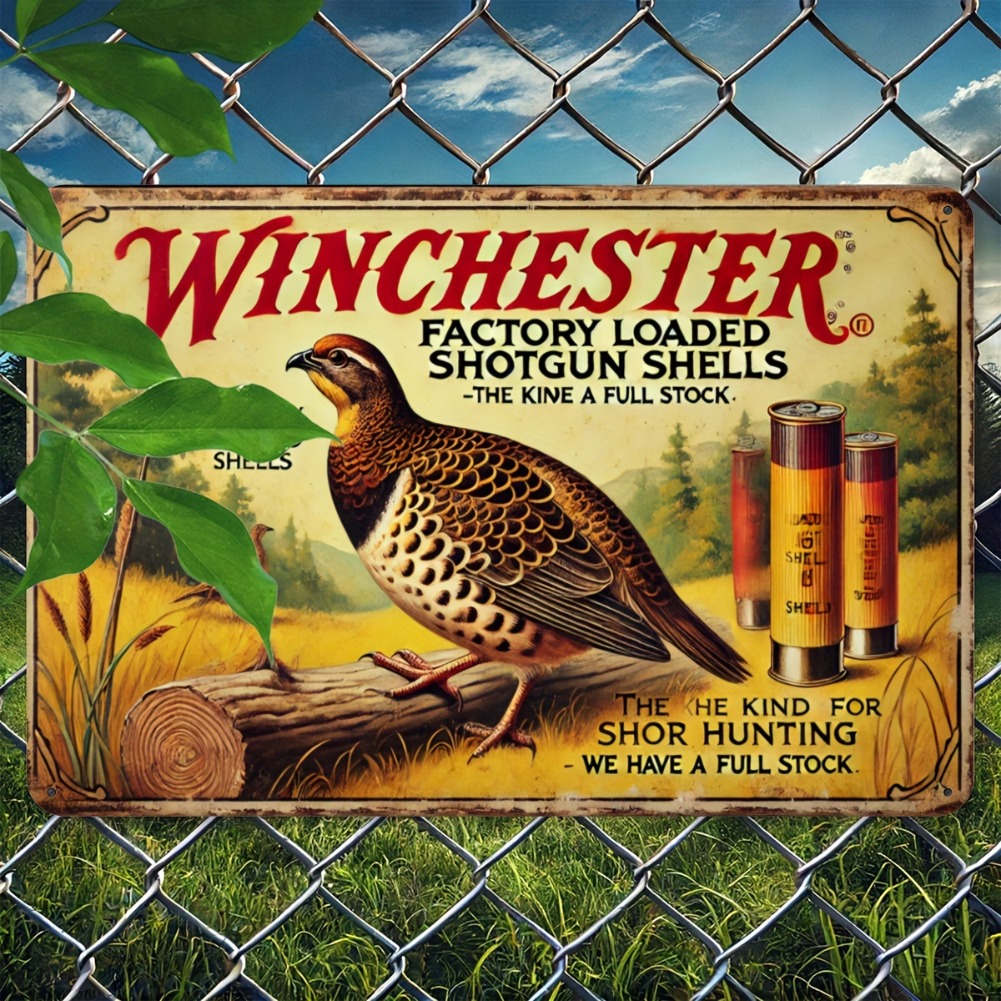 Hunting Quail - ブリキ看板 - ヴィンテージ耐久性のある金属製飾り板、壁飾り、ホームオフィス、バー、男の隠れ家、ウィンチェスター、ウズラ狩猟、ショットガンシェル、レトロウォールA