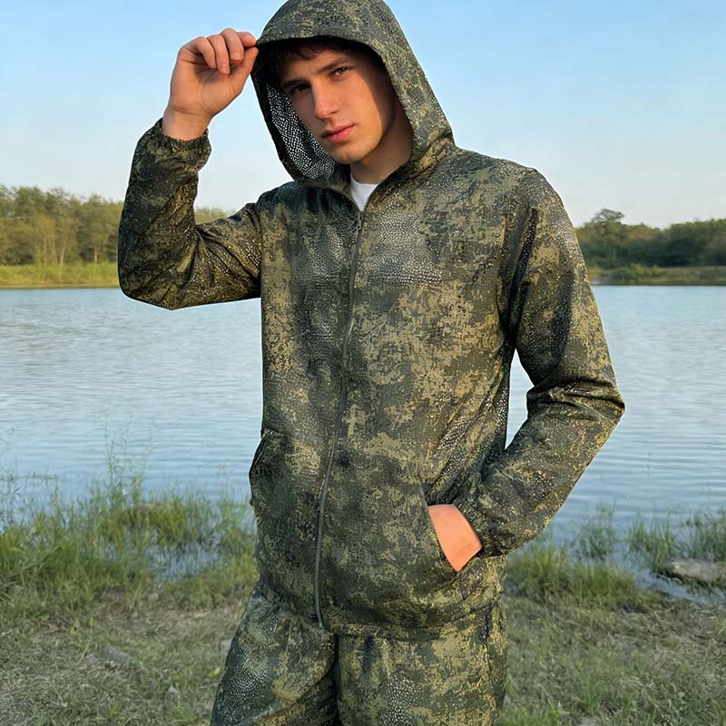 Hunting Outdoor Jacket - タクティカルフーディスーツ カモメッシュ ハイキングハンティングウェア スタイリッシュアウトドア迷彩ジャケット ステルスセット 伸縮性ウエストバンドパンツ