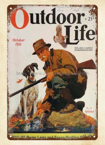 Hunting Quail - 家の内装 1931 OUTDOOR LIFE 雑誌の表紙 ウズラ狩猟犬の金属製ブリキ看板